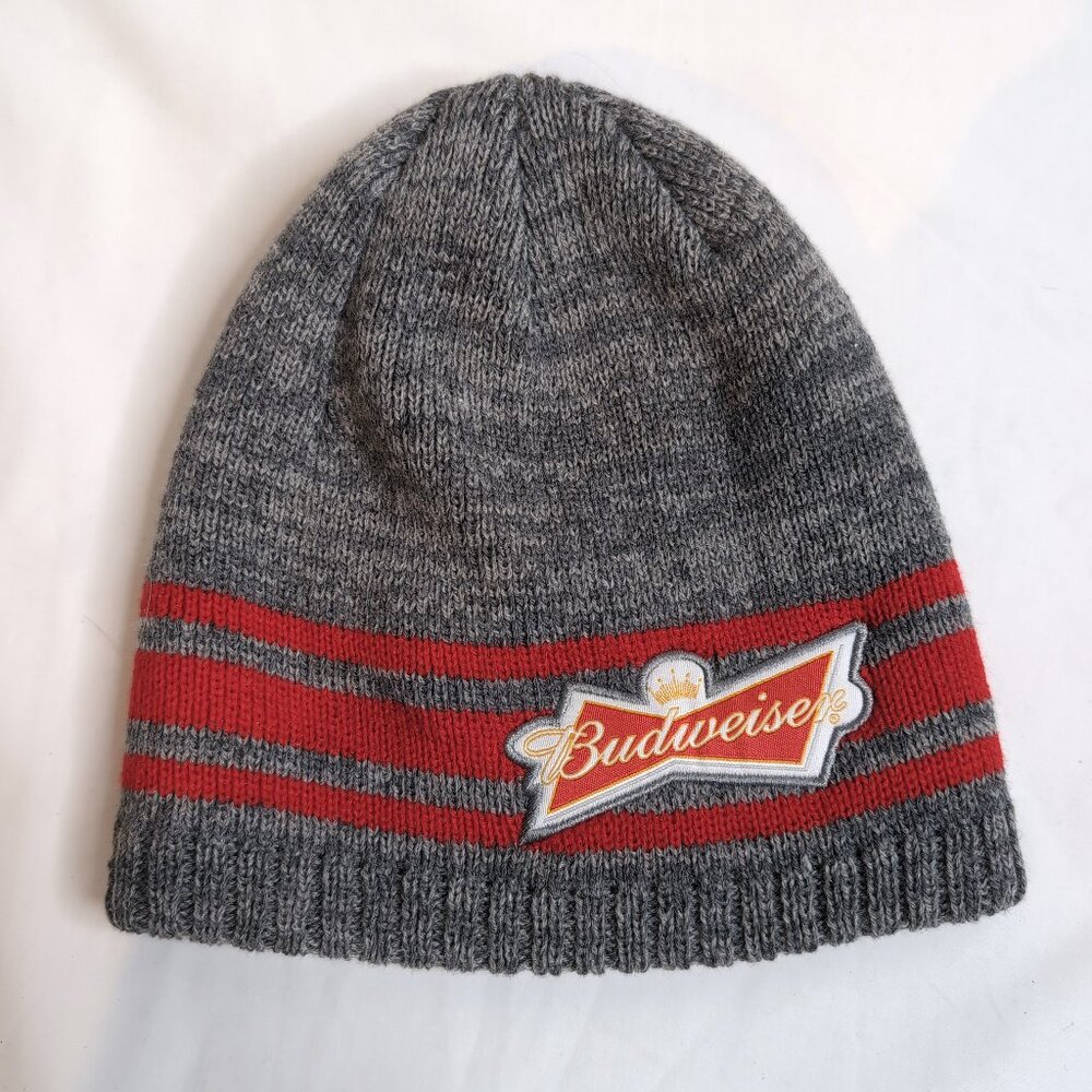 Budweiser Unisex Grey/Red Beanie/Toque Striped Patchwork, One Size